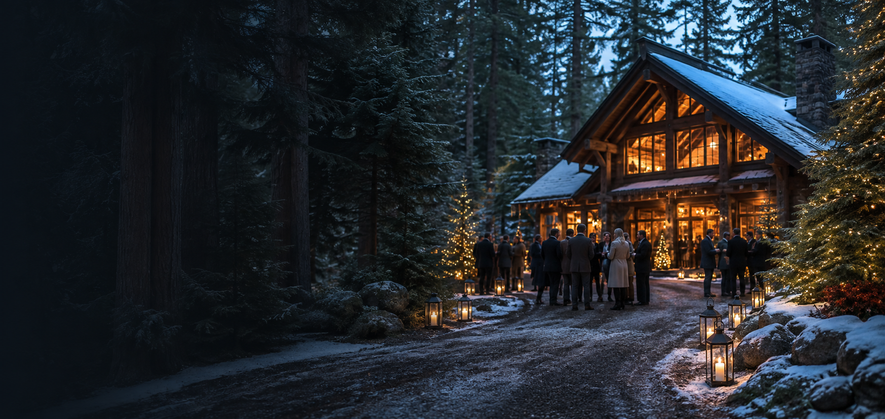 A warmly lit forest lodge welcoming guests for a Christmas celebration