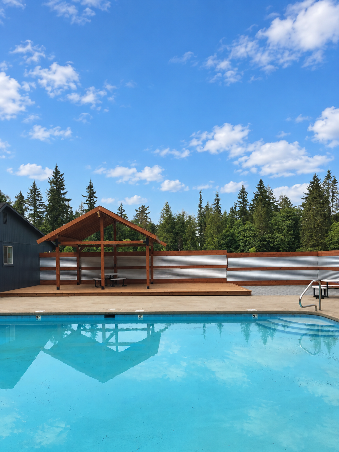 Canby Grove swimming pool, cedar pergola, and renovated pool patio beneath a blue sky